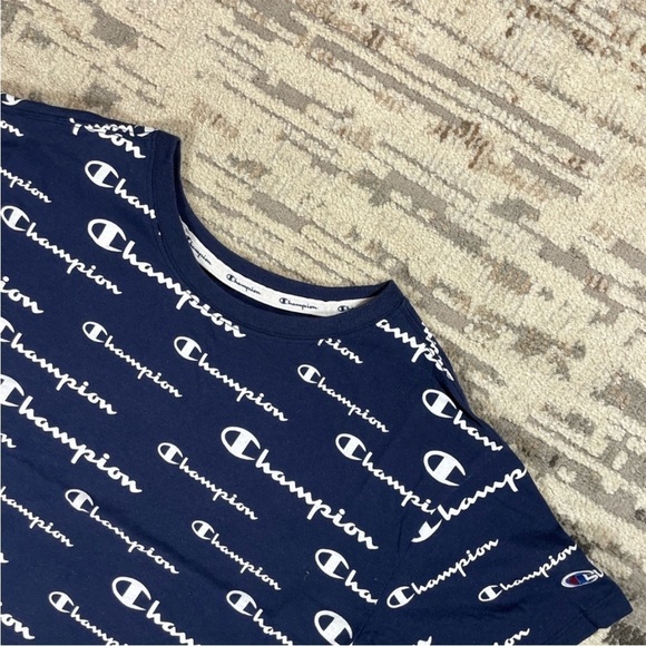 Champions Navy & White Box Cut Cotton Crewneck Cropped Mini Logo T-Shirt - Picture 4 of 8